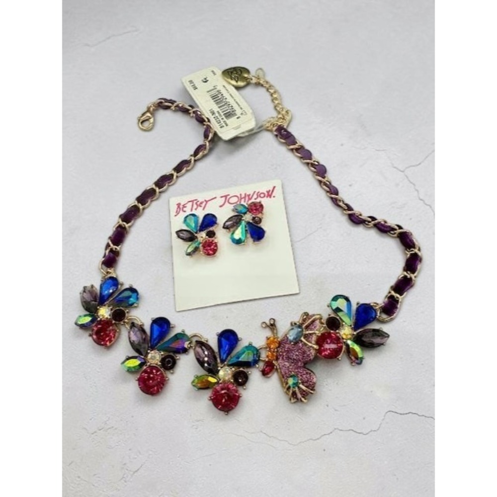NWT Betsey Johnson Butterfly Blitz Purple Pink AB Crystal Necklace Earring Set‎